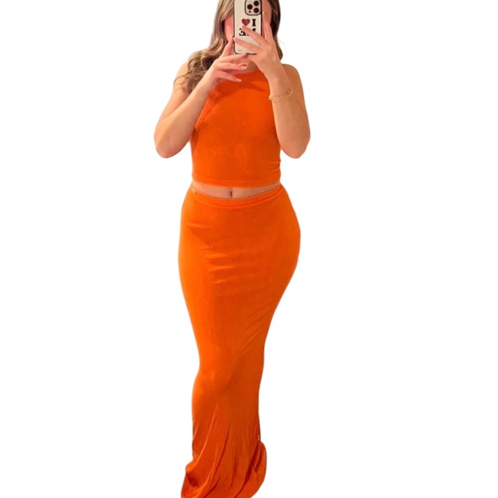 NWT Fiery Orange Missguided Crop Tank With Fishtail Skirt 2 Piece Set Size Small - Picture 2 of 11